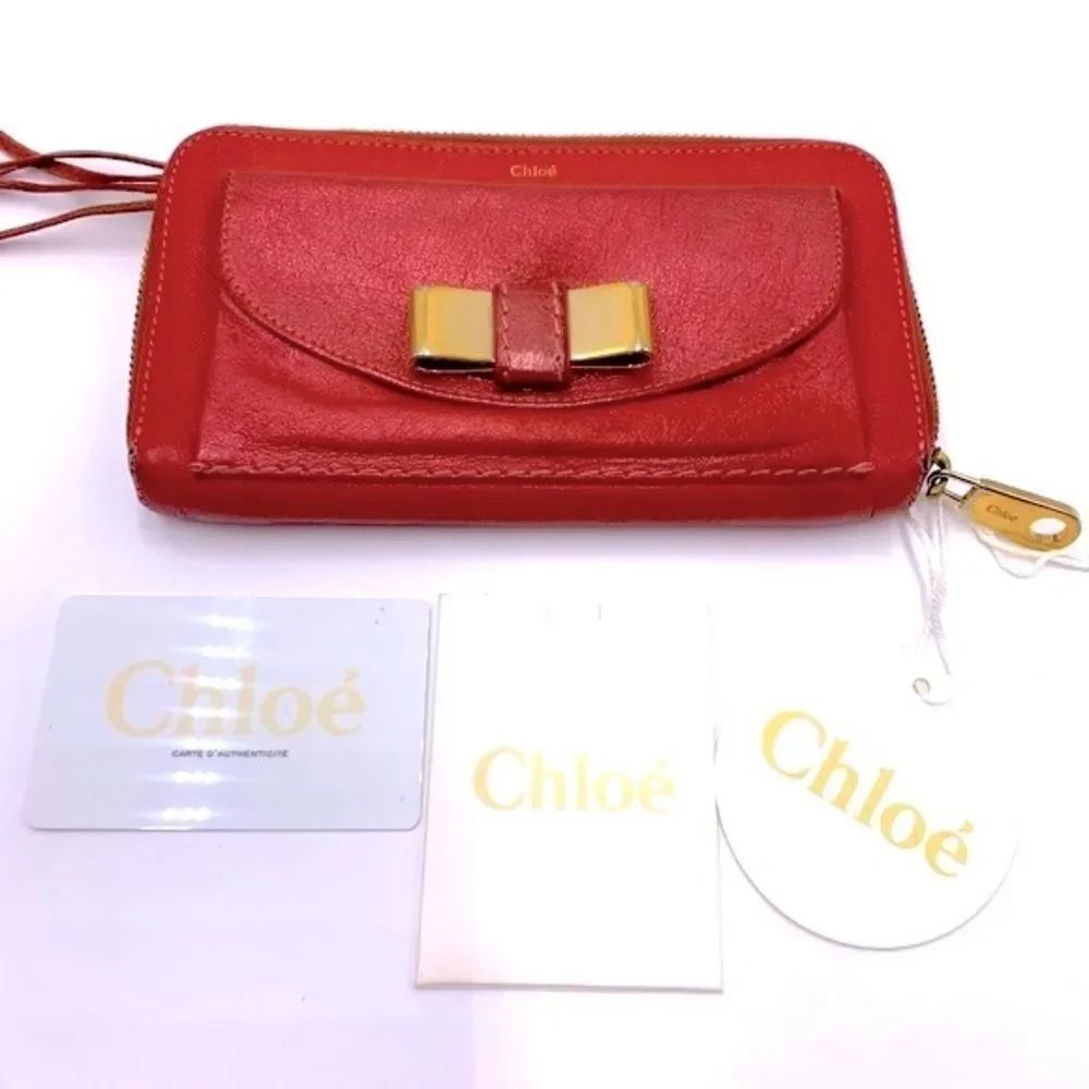 Auth Chloe Small Gold Bow Metallic Hot Pink Zippy Wallet Very Good Preloved